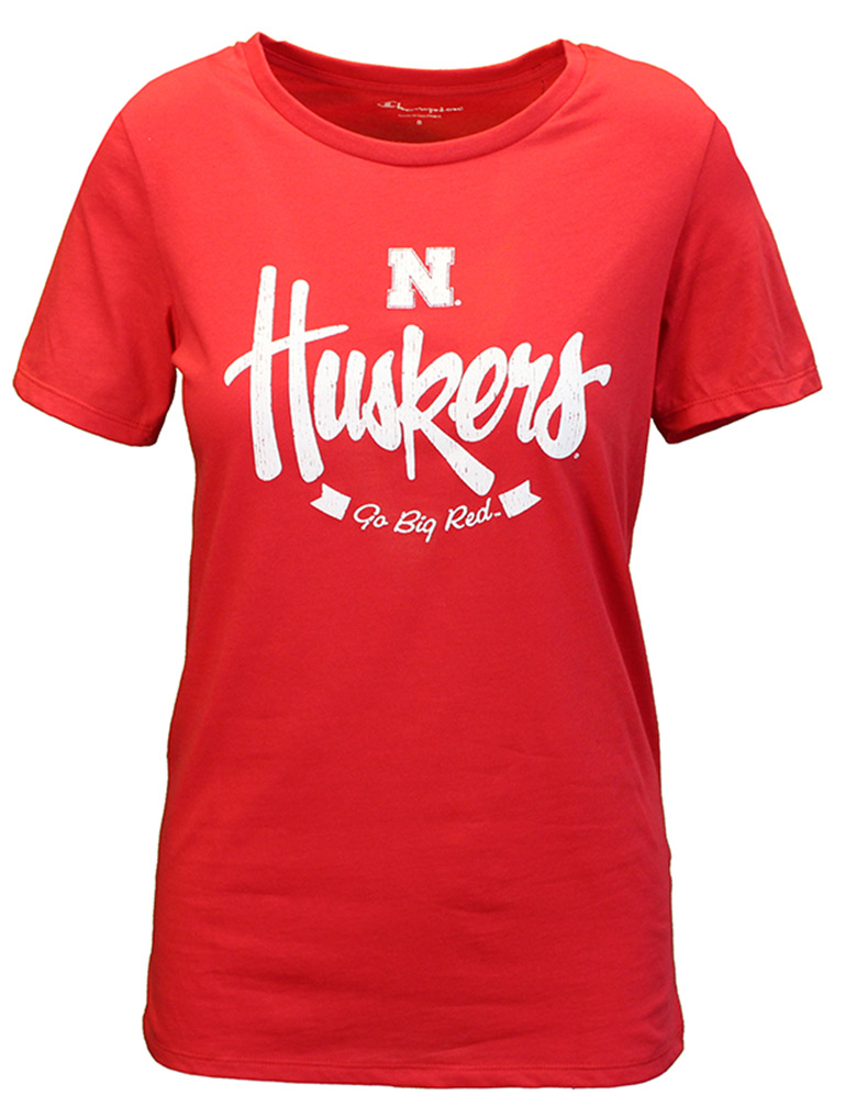 Red W SS Huskers Script Champ Tee