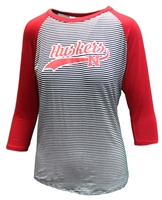 Ladies Striped Huskers Tailsweep 3/4 Sleeve Top Nebraska Cornhuskers, Nebraska  Ladies, Huskers  Ladies, Nebraska  Ladies Tops, Huskers  Ladies Tops, Nebraska  Ladies T-Shirts, Huskers  Ladies T-Shirts, Nebraska Womens Red And Black Stripe Huskers Baseball 3/4 Sleeve Tee Flying Colors, Huskers Womens Red And Black Stripe Huskers Baseball 3/4 Sleeve Tee Flying Colors